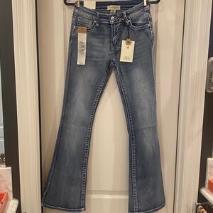 Soho Women's Boot Cut Jeans - Distressed Blue with White Embroidery